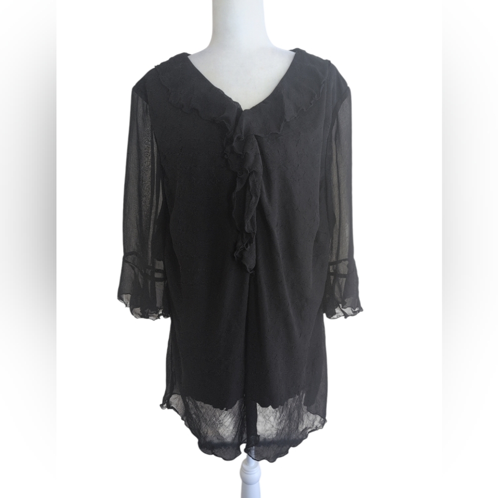 Maggie Barnes Blouse 2x 22-24 Black Ruffles Romantic Feminine Sheer